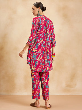 Red Tropical Printed Beaded Button Detail Coord Set