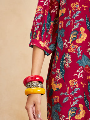 Red Tropical Printed Beaded Button Detail Coord Set