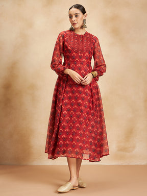 Red Floral Border Printed Yoke Detail Maxi Dress