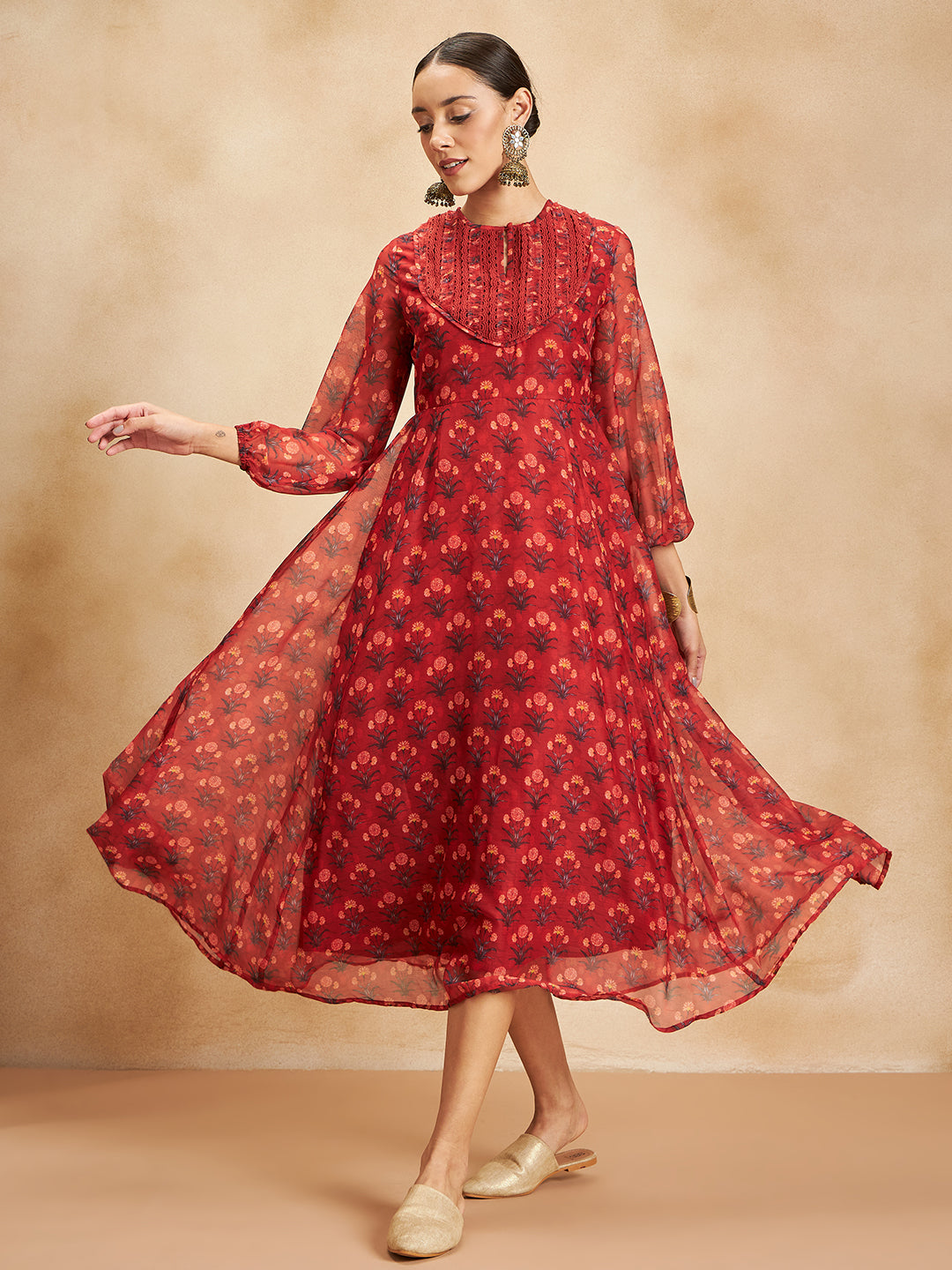 Red Floral Border Printed Yoke Detail Maxi Dress