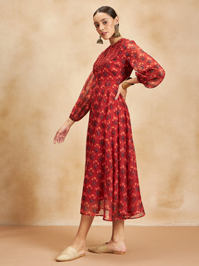 Red Floral Border Printed Yoke Detail Maxi Dress