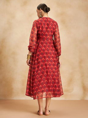 Red Floral Border Printed Yoke Detail Maxi Dress