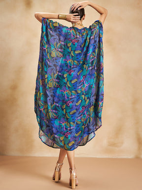 Blue Tropical Printed Tassel Detail Kaftan