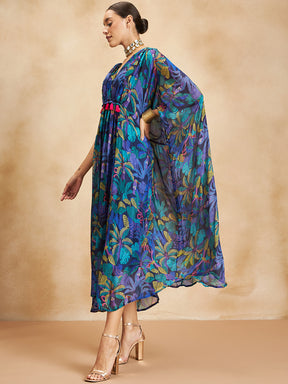 Blue Tropical Printed Tassel Detail Kaftan