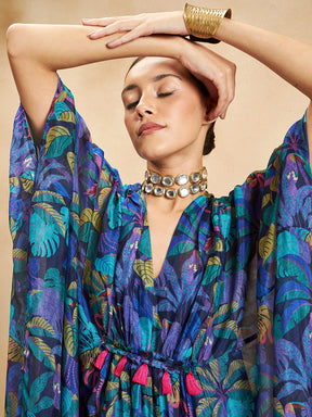 Blue Tropical Printed Tassel Detail Kaftan