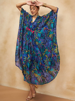 Blue Tropical Printed Tassel Detail Kaftan