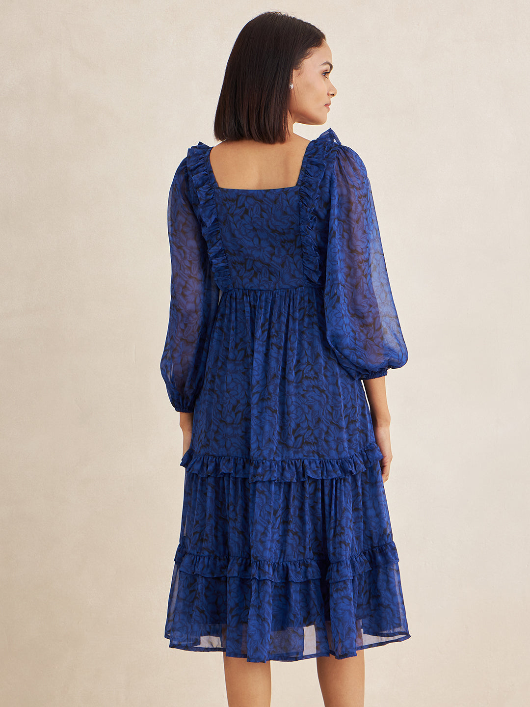 Blue Printed Tiered Midi Dress