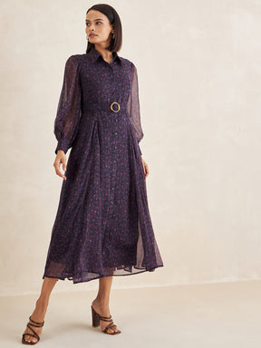 Navy Abstract Print Button Down Belted Maxi Dress