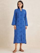 Blue Cotton Schiffli Shirt Midi Dress