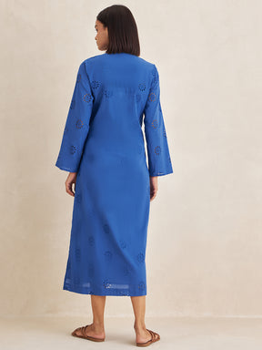 Blue Cotton Schiffli Shirt Midi Dress
