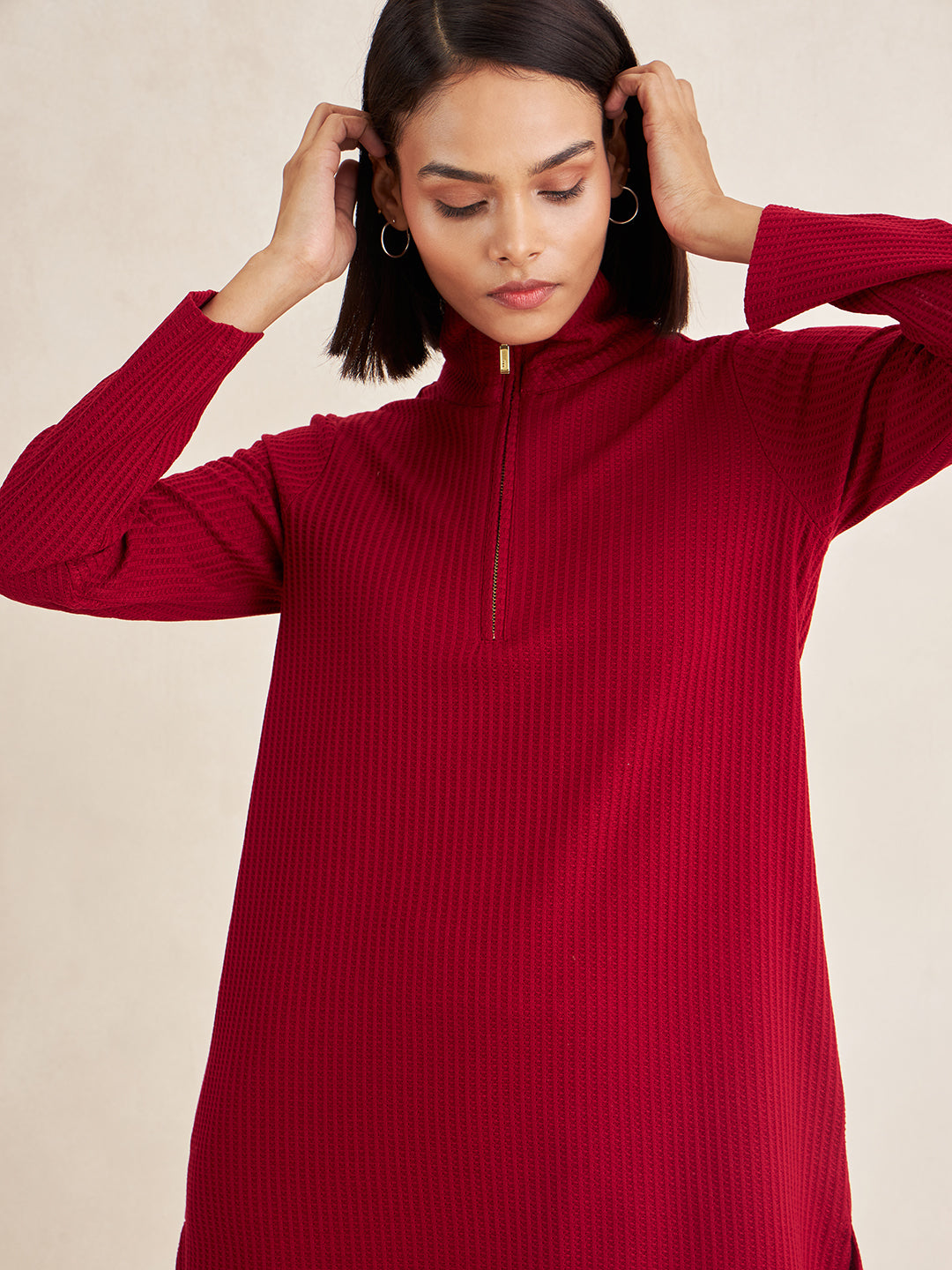 Red Waffle Knit Zip-Up Co-Ord Set