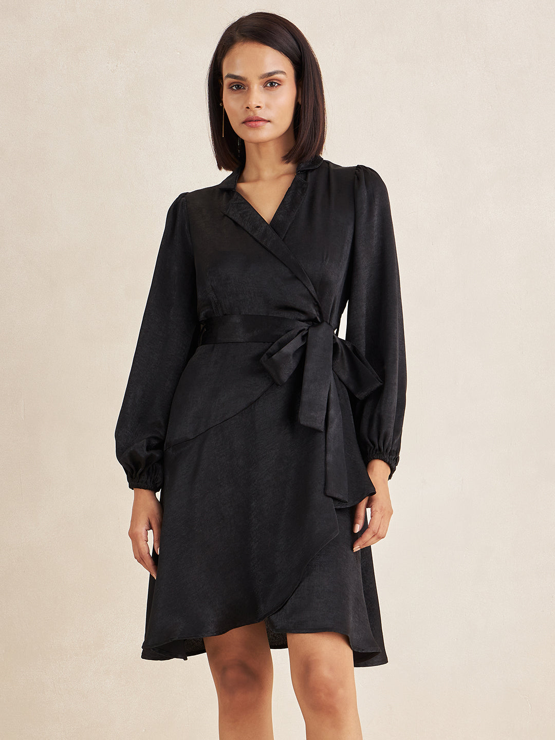 Black Wrap Satin Knee Length Dress