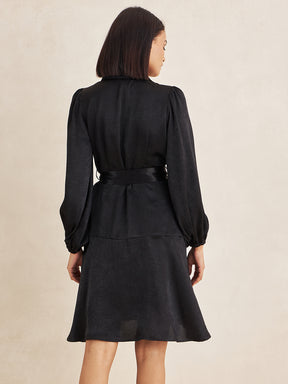 Black Wrap Satin Knee Length Dress