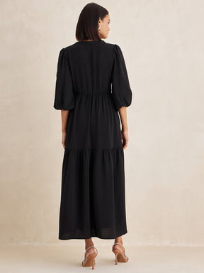 Black Solid Front Knot Detail Maxi Dress
