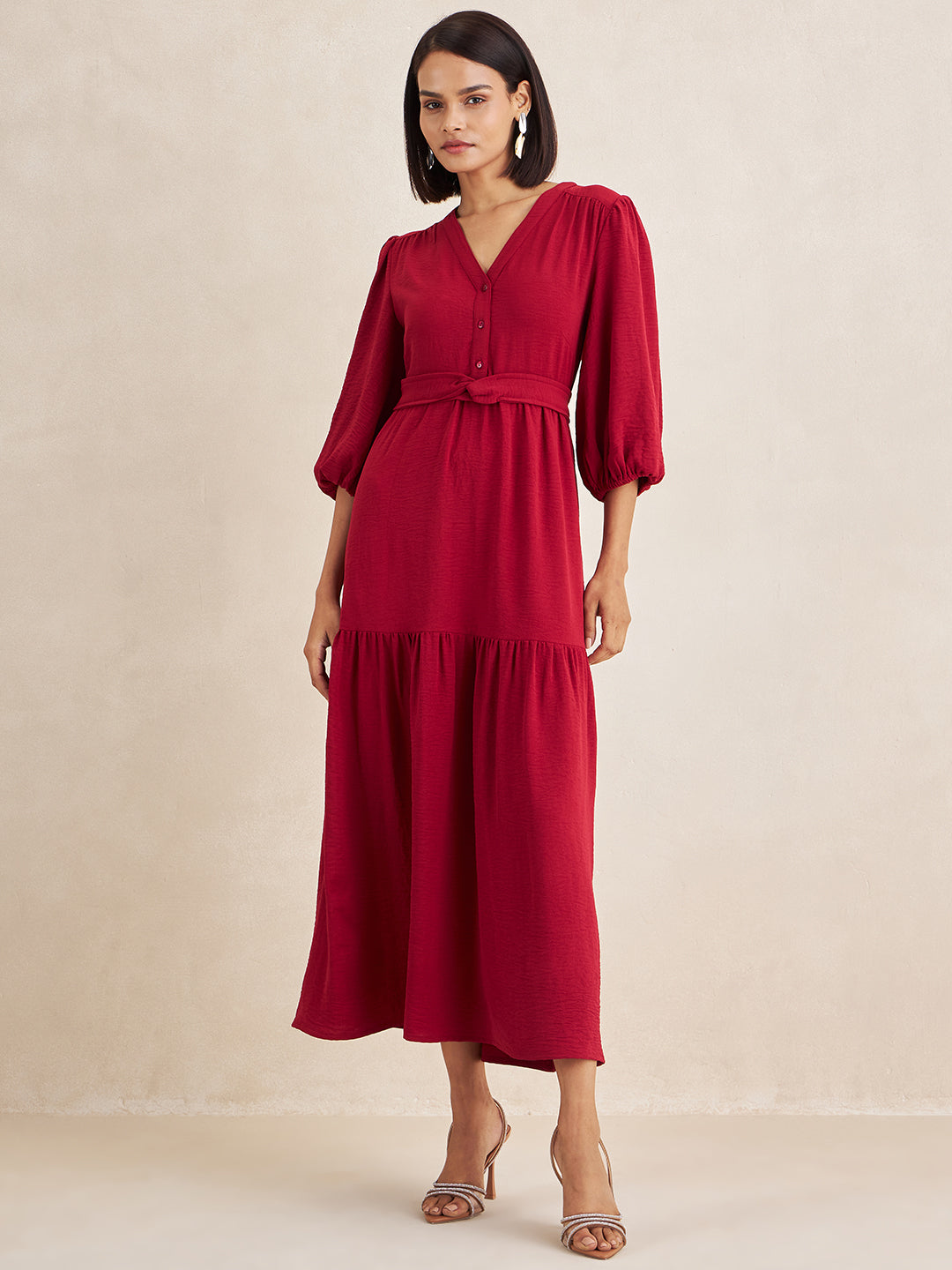 Deep Red Solid Front Knot Detail Maxi Dress