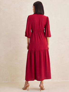 Deep Red Solid Front Knot Detail Maxi Dress