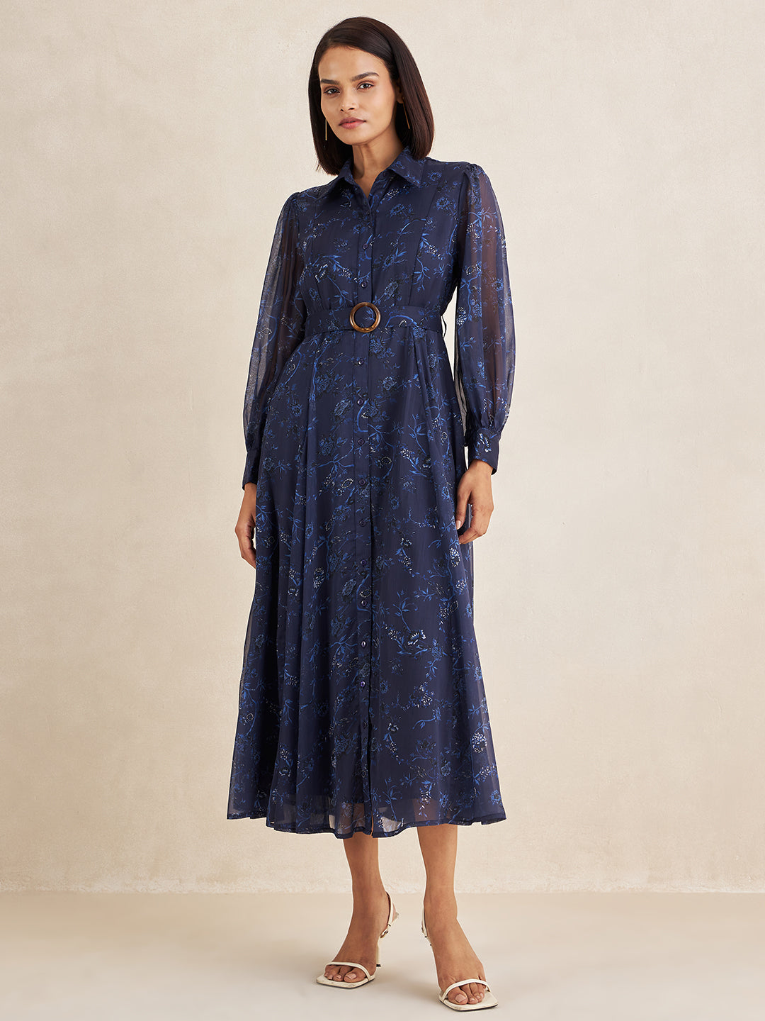 Navy Floral Print Button Down Belted Maxi Dress