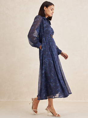 Navy Floral Print Button Down Belted Maxi Dress