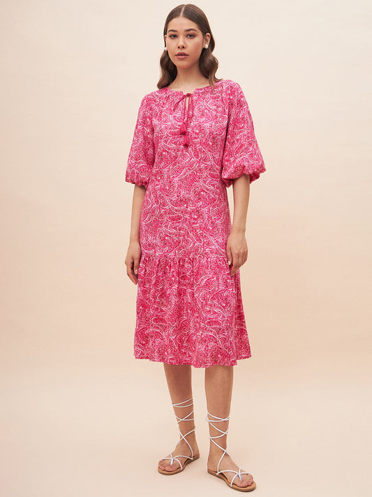 Pink Paisley Print Tiered Midi Dress