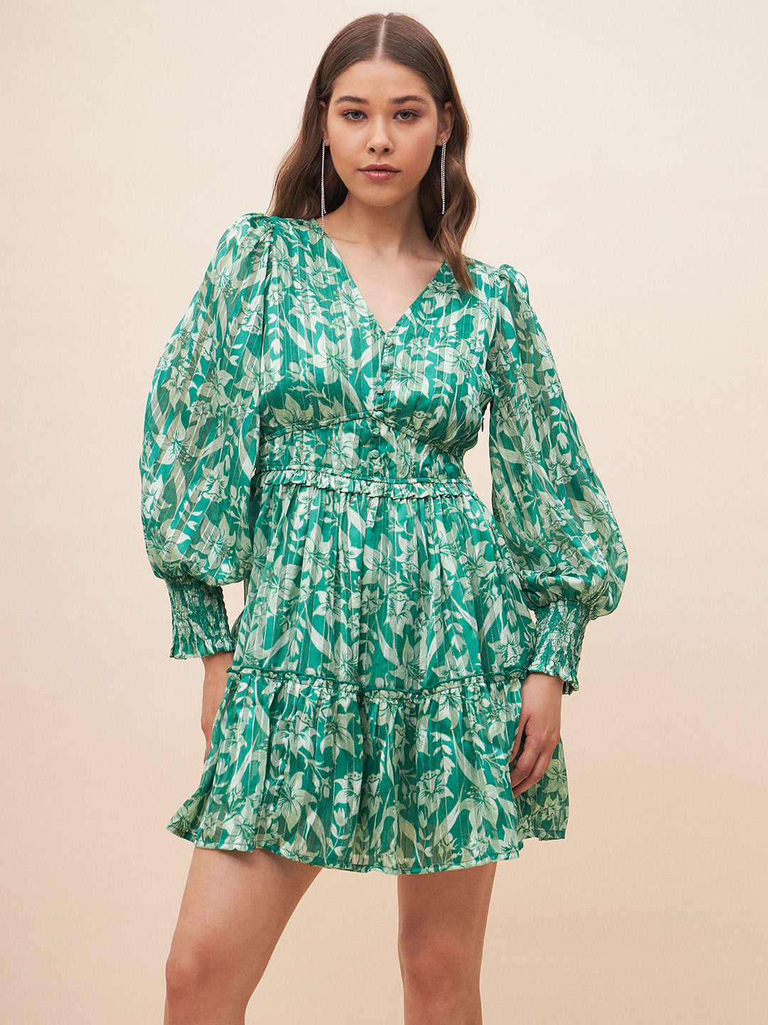 Green Floral Lurex Tiered Mini Dress