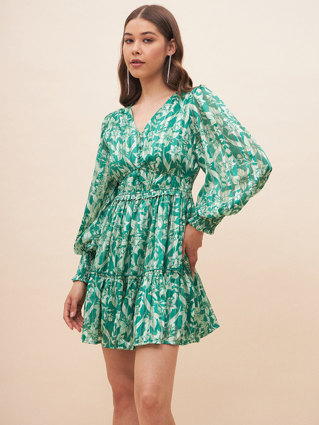 Green Floral Lurex Tiered Mini Dress
