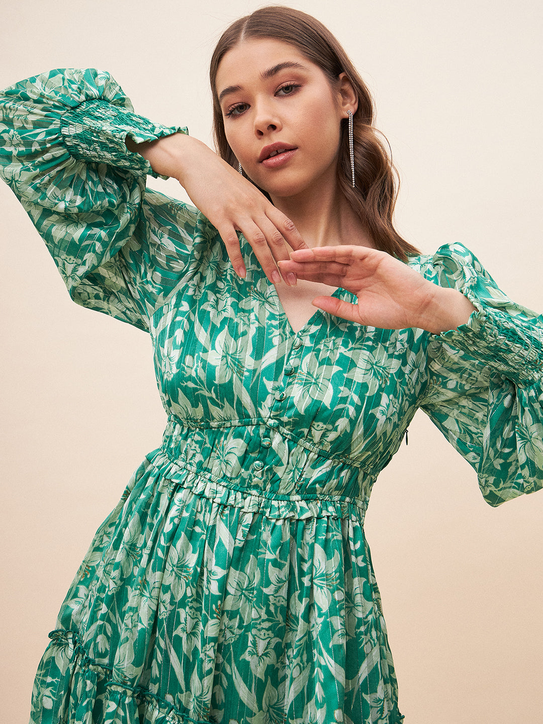 Green Floral Lurex Tiered Mini Dress
