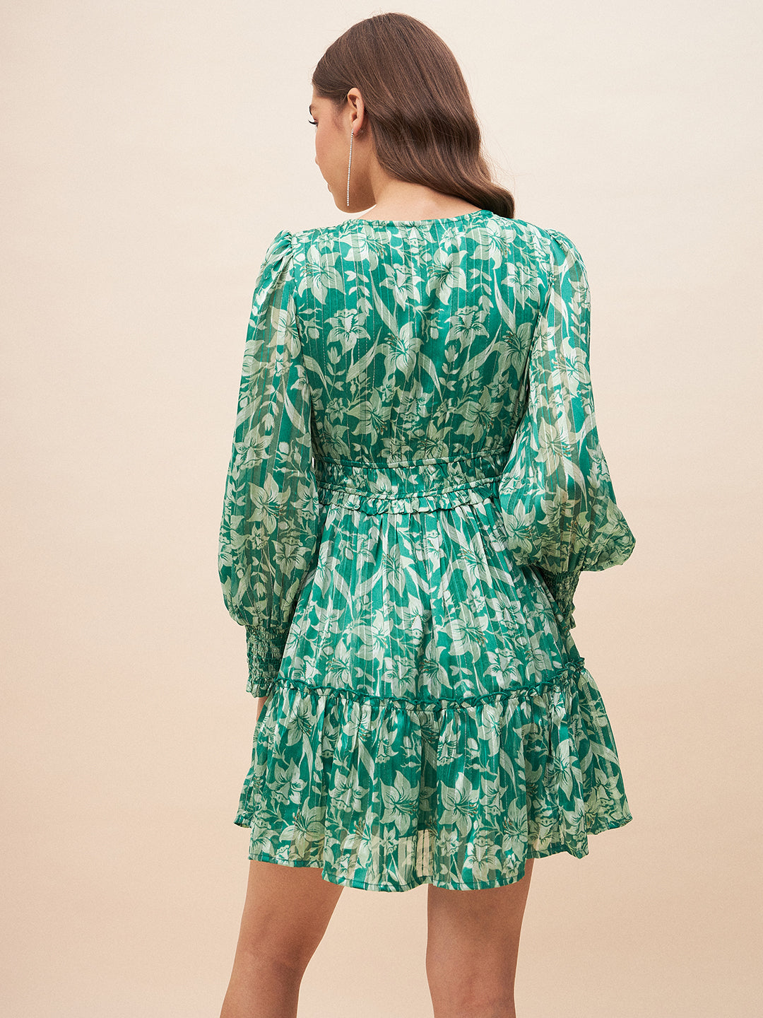 Green Floral Lurex Tiered Mini Dress