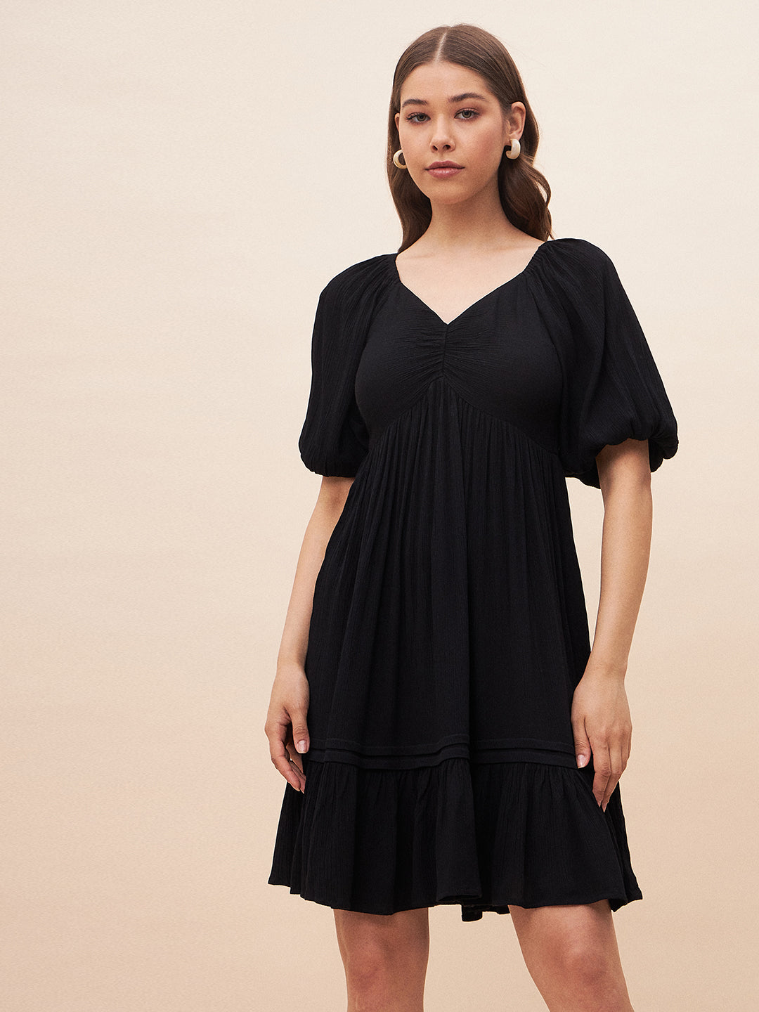 Black Crinkled Tiered Mini Dress