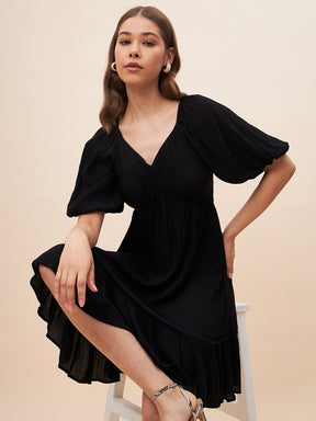 Black Crinkled Tiered Mini Dress