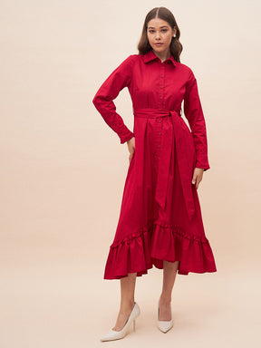 Red Solid Belted High Low Maxi Dress