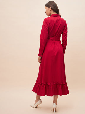 Red Solid Belted High Low Maxi Dress