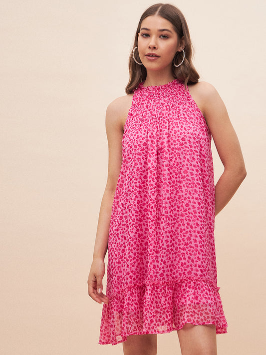 Pink Floral Printed Halter Neck Mini Dress