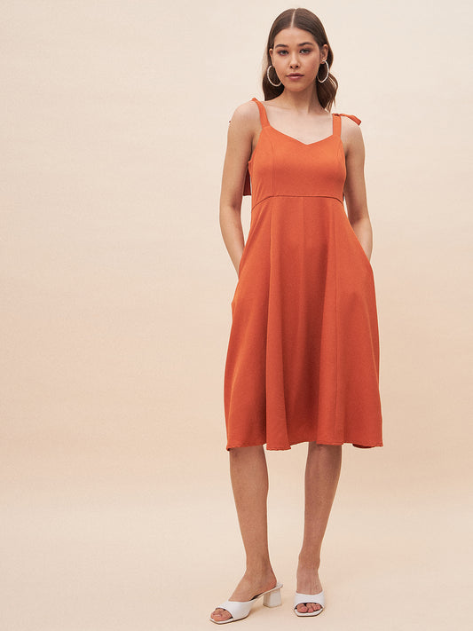 Rust Knotted Shoulder Strap Midi Dress