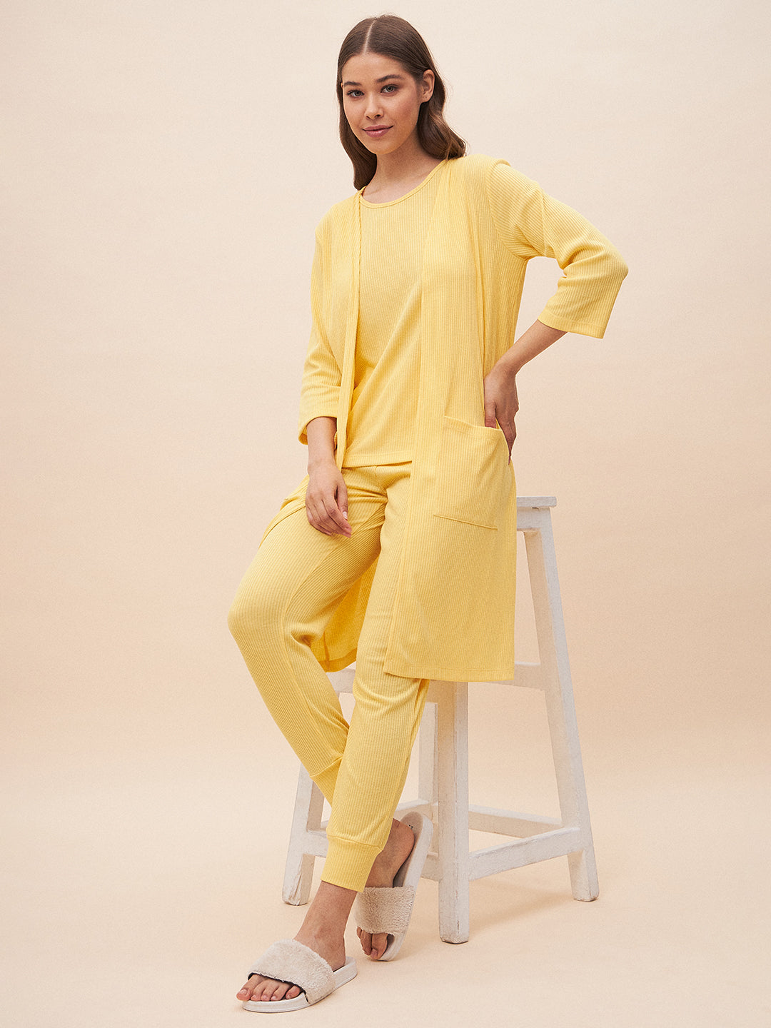 Yellow Three Piece Ribbed Lounge Wear Set