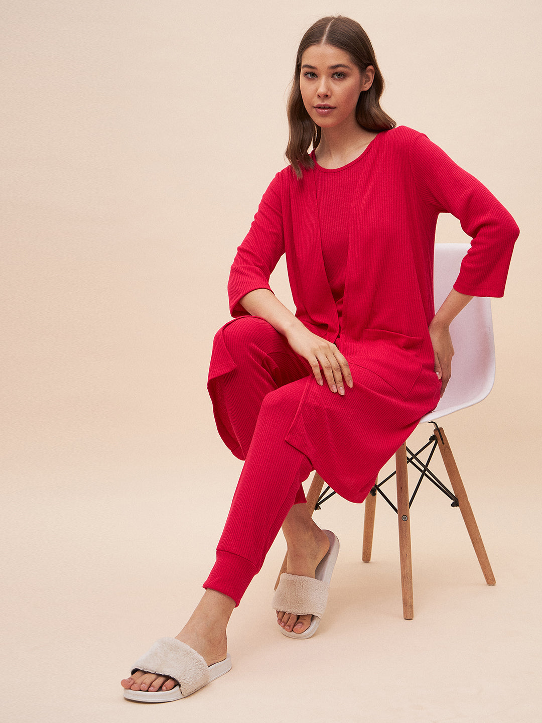 Pink Three Piece Ribbed Lounge Wear Set