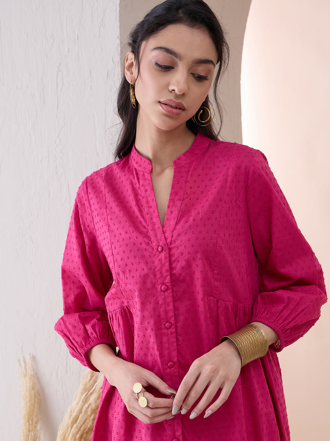 Pink Button Down Cotton Dobby Tunic With Straight Pant