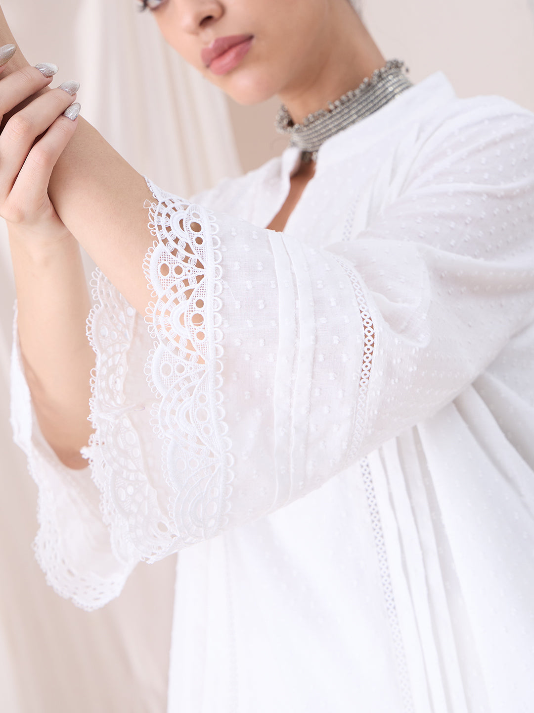 White Lace Detailing Dobby Kurta With Button Detailing Pant