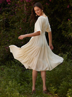 White Round Neck Tier Midi Dress
