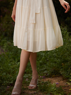 White Round Neck Tier Midi Dress