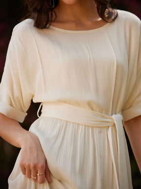 White Round Neck Tier Midi Dress