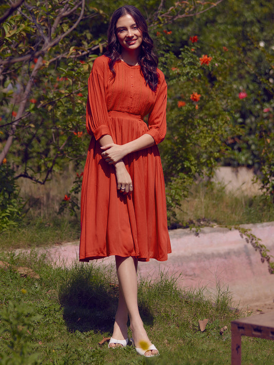 Rust Button Down Flared Midi Dress
