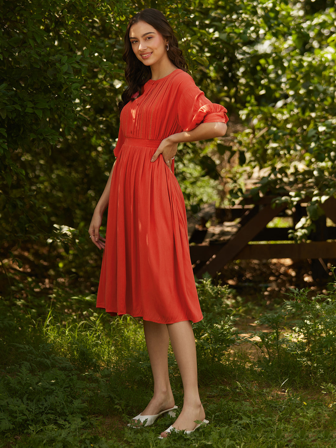 Rust Button Down Flared Midi Dress