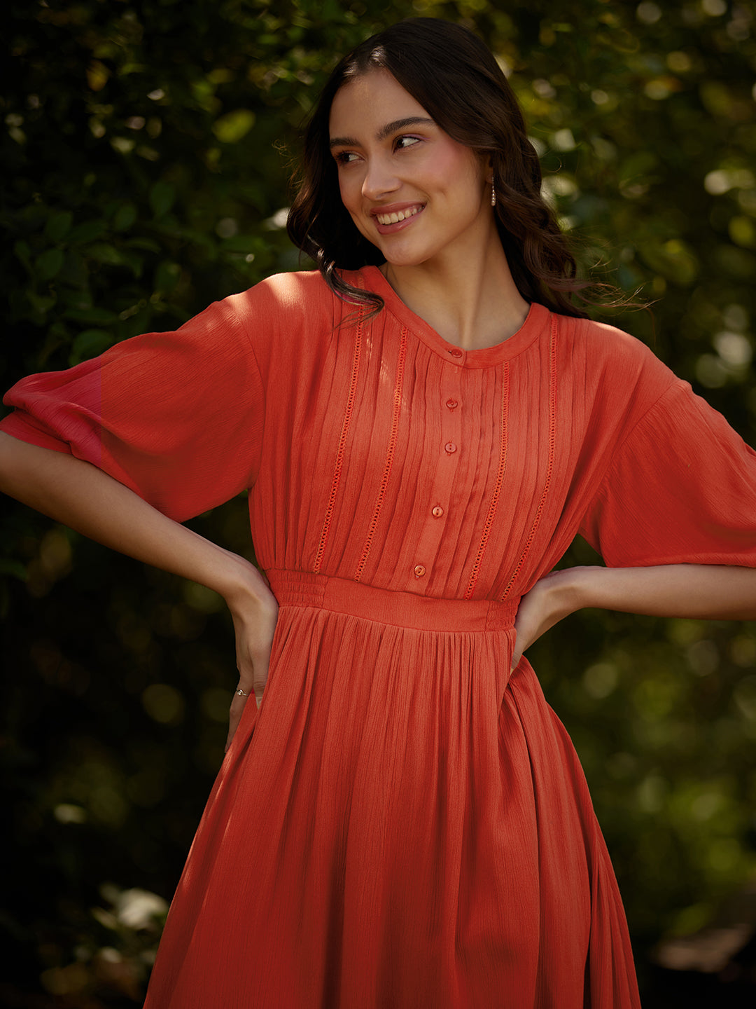 Rust Button Down Flared Midi Dress