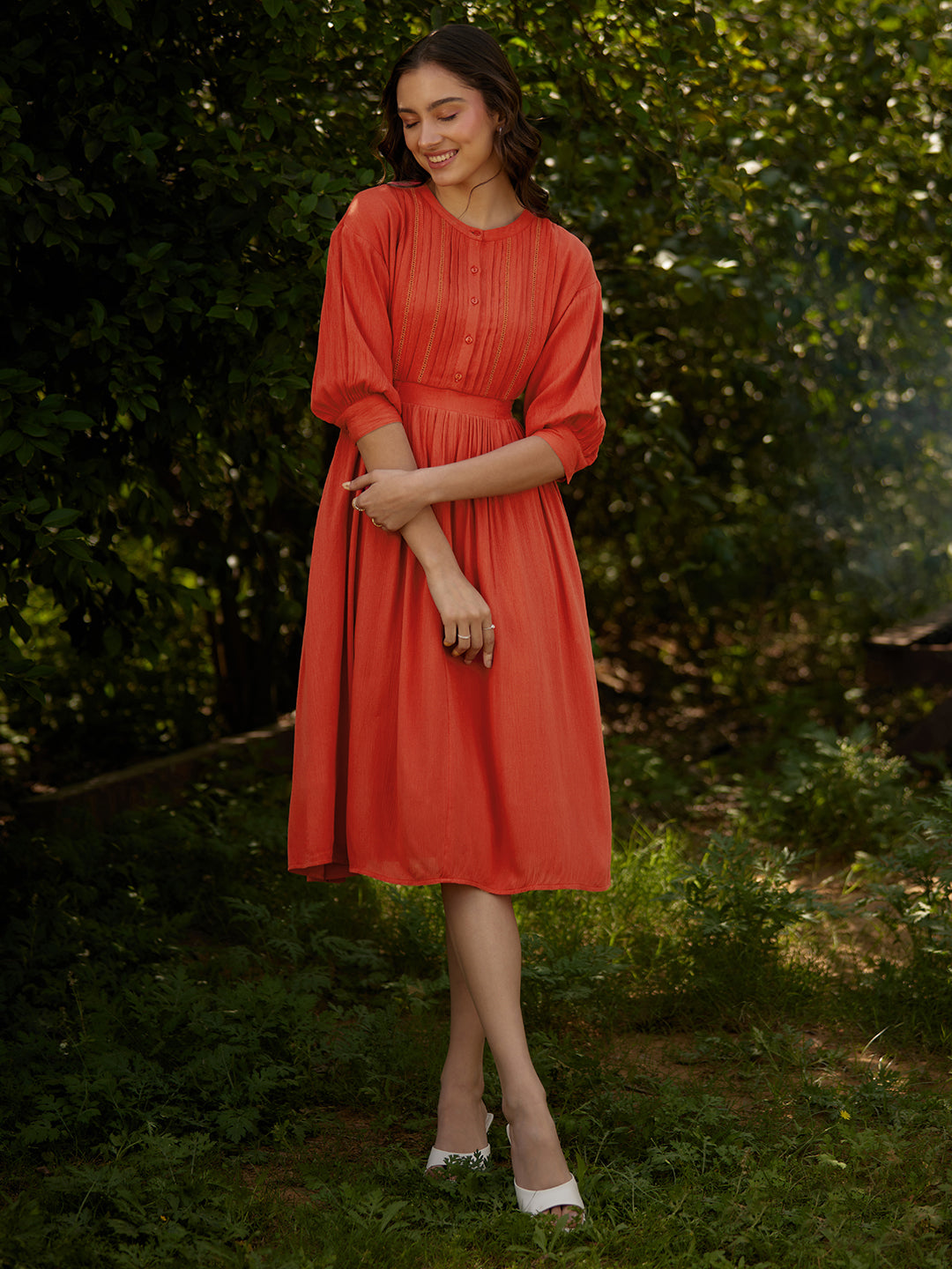Rust Button Down Flared Midi Dress