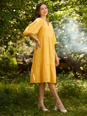 Yellow Cotton Schiffli Midi Dress