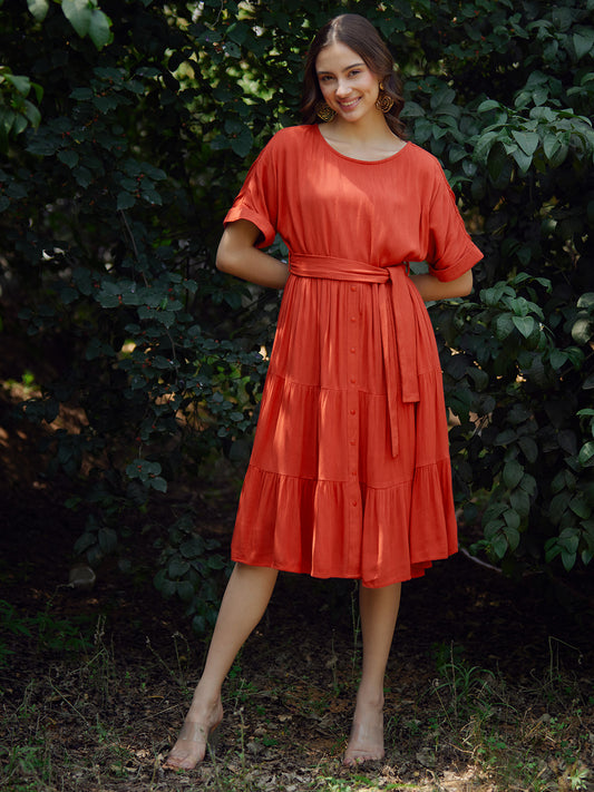 Rust Round Neck Tier Midi Dress