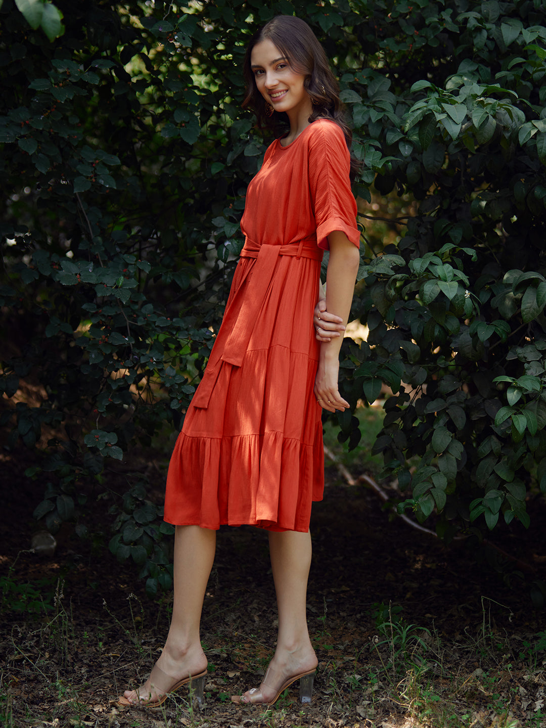 Rust Round Neck Tier Midi Dress