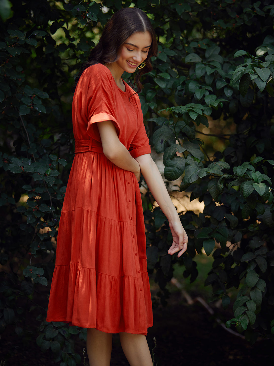 Rust Round Neck Tier Midi Dress