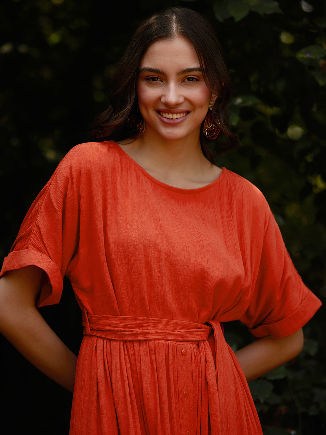 Rust Round Neck Tier Midi Dress