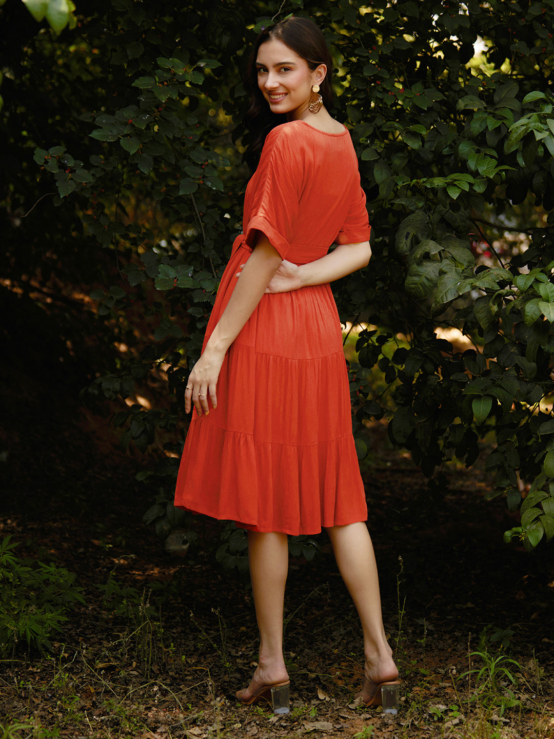 Rust Round Neck Tier Midi Dress